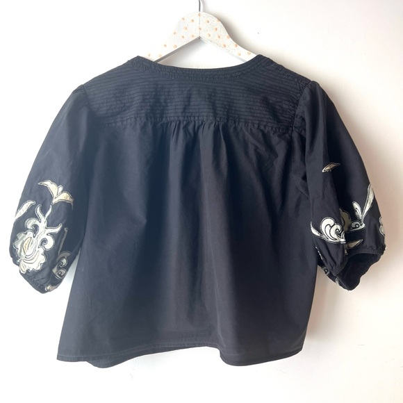 Anthropologie puff sleeve Embroidered Black Top sz LP - Picture 5 of 9